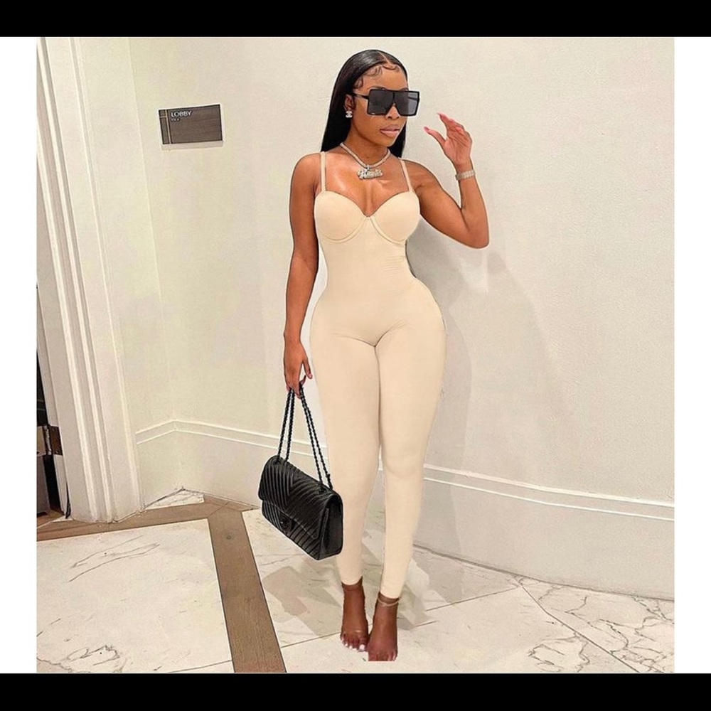New Trendy Women’s Apricot Spaghetti Strap Push Up Bodycon Cami Jumpsuit - Picture 2 of 2